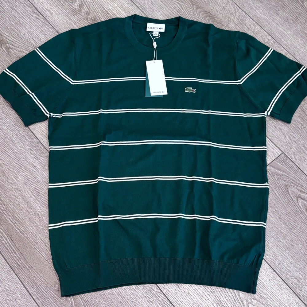 Lacoste Knit Sweater Shirt Mens Large Green Striped‎ Crewneck Preppy Casual NWT